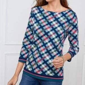 Talbots Pima Bateau Neck Tee in Blue Diamond Plaid - 3X